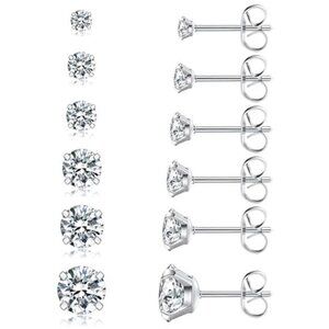 Cubic Zirconia Stud Earrings Set 6 Pairs Stainless Steel 3-8mm 20G